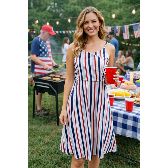 Sugarlips Dresses & Skirts - Red White Blue Striped Patriotic Sleeveless Midi Dress Summer BBQ Fourth of July